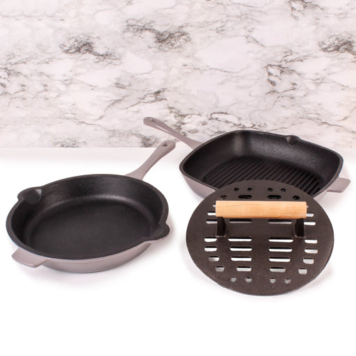 BergHOFF Neo 3pc Cast Iron Fry Pan & Grill Pan Set with Slotted Steak Press, Oyster - Cookware Sets