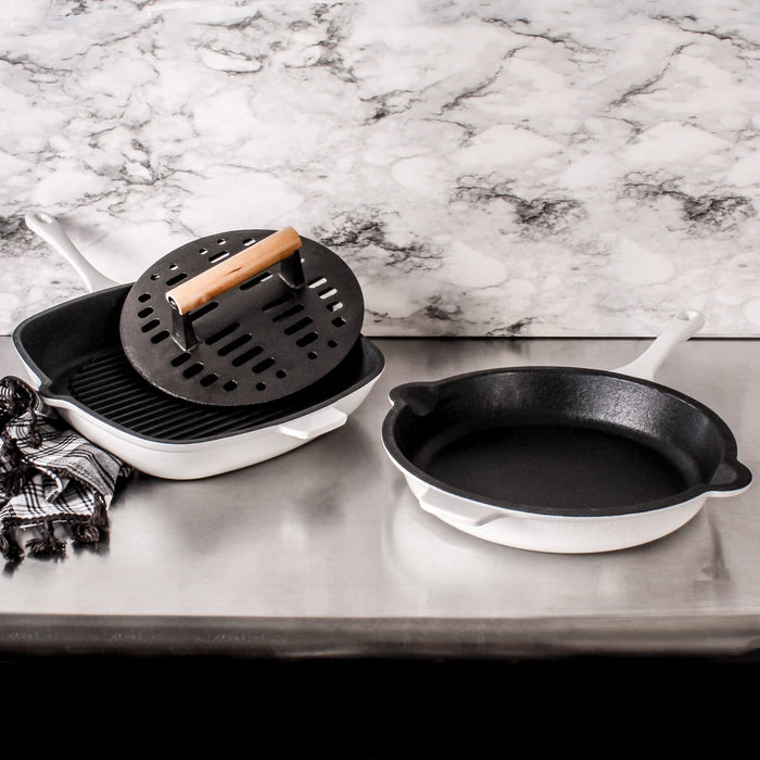 BergHOFF Neo 3pc Cast Iron Fry Pan & Grill Pan Set with Slotted Steak Press, White - Cookware Sets