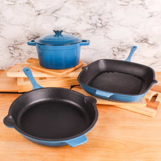 BergHOFF Neo 4pc Cast Iron Cookware Set, Fry Pan, Grill Pan & Round Dutch Oven, Blue - Cookware Sets