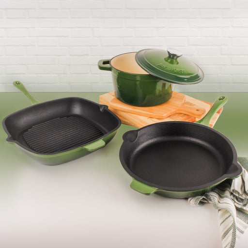 BergHOFF Neo 4pc Cast Iron Cookware Set, Fry Pan, Grill Pan & Round Dutch Oven, Green - Cookware Sets