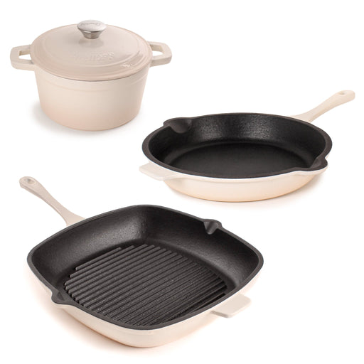 BergHOFF Neo 4pc Cast Iron Cookware Set, Fry Pan, Grill Pan & Round Dutch Oven, Meringue - Cookware Sets