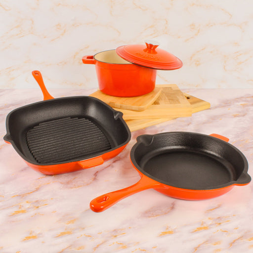 BergHOFF Neo 4pc Cast Iron Cookware Set, Fry Pan, Grill Pan & Round Dutch Oven, Orange - Cookware Sets