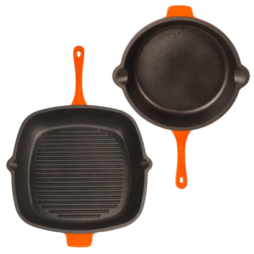 BergHOFF Neo 4pc Cast Iron Cookware Set, Fry Pan, Grill Pan & Round Dutch Oven, Orange - Cookware Sets
