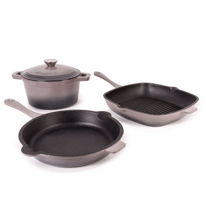 BergHOFF Neo 4pc Cast Iron Cookware Set, Fry Pan, Grill Pan & Round Dutch Oven, Oyster - Cookware Sets