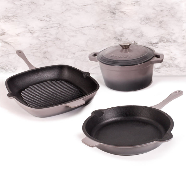 BergHOFF Neo 4pc Cast Iron Cookware Set, Fry Pan, Grill Pan & Round Dutch Oven, Oyster - Cookware Sets
