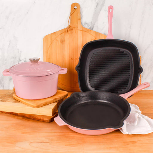 BergHOFF Neo 4pc Cast Iron Cookware Set, Fry Pan, Grill Pan & Round Dutch Oven, Pink - Cookware Sets