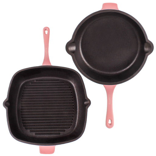 BergHOFF Neo 4pc Cast Iron Cookware Set, Fry Pan, Grill Pan & Round Dutch Oven, Pink - Cookware Sets
