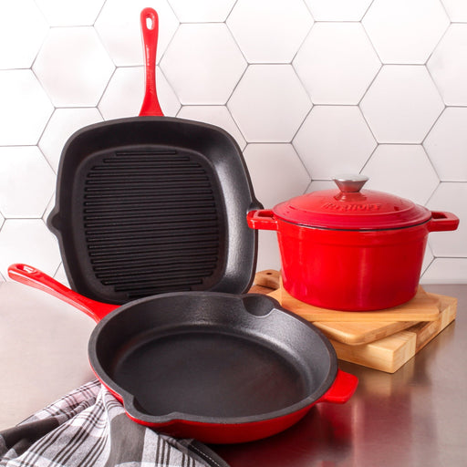 BergHOFF Neo 4pc Cast Iron Cookware Set, Fry Pan, Grill Pan & Round Dutch Oven, Red - Cookware Sets