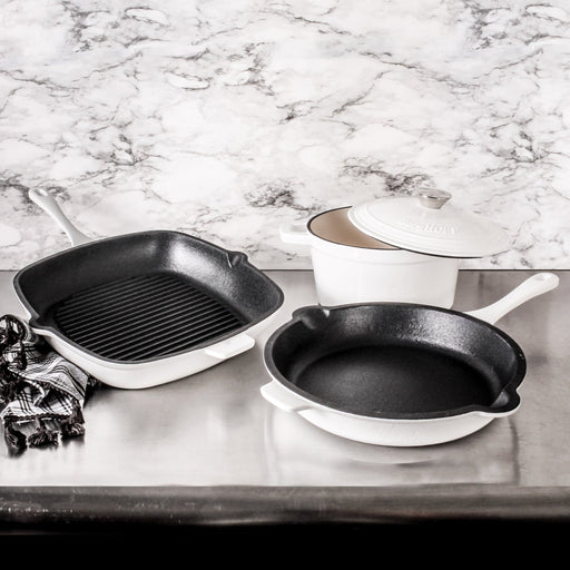 BergHOFF Neo 4pc Cast Iron Cookware Set, Fry Pan, Grill Pan & Round Dutch Oven, White - Cookware Sets