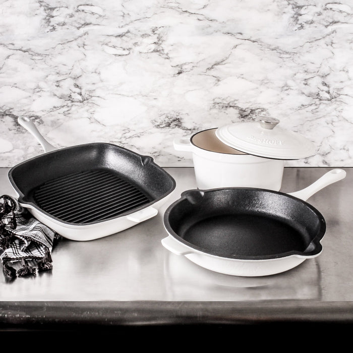 BergHOFF Neo 4pc Cast Iron Cookware Set, Fry Pan, Grill Pan & Round Dutch Oven, White - Cookware Sets