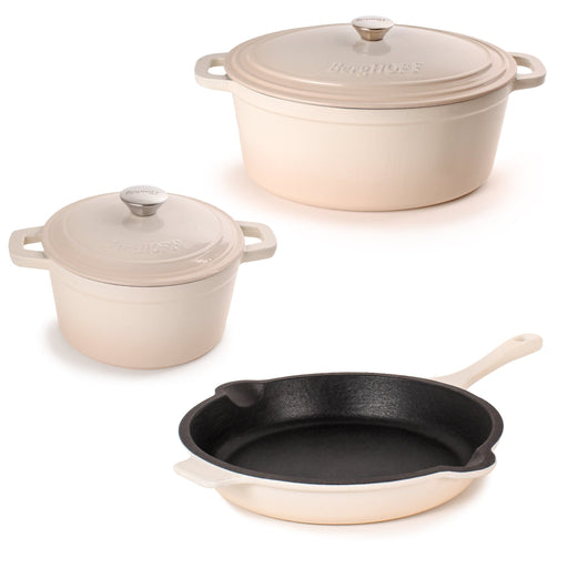 BergHOFF Neo 5pc Cast Iron Dutch Oven Set with 10" Fry Pan, 3qt. & 5qt., Meringue - Cookware Sets