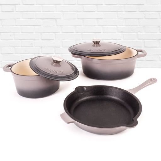 BergHOFF Neo 5pc Cast Iron Dutch Oven Set with 10" Fry Pan, 3qt. & 5qt., Oyster - Cookware Sets