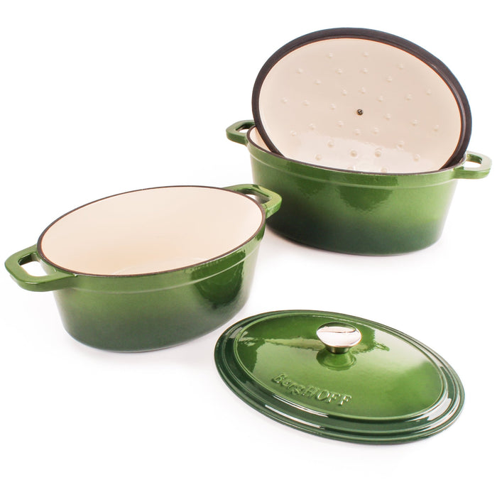 BergHOFF Neo 5pc Cast Iron Oval Dutch Oven Set with 10" Fry Pan, 5qt. & 8qt., Green - Cookware Sets