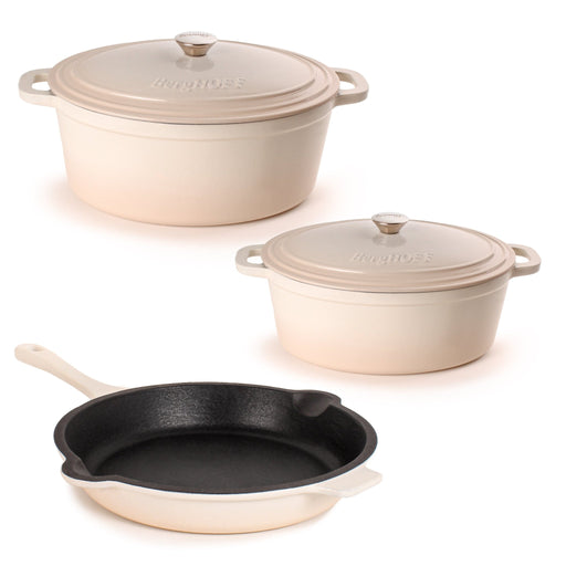BergHOFF Neo 5pc Cast Iron Oval Dutch Oven Set with 10" Fry Pan, 5qt. & 8qt., Meringue - Cookware Sets