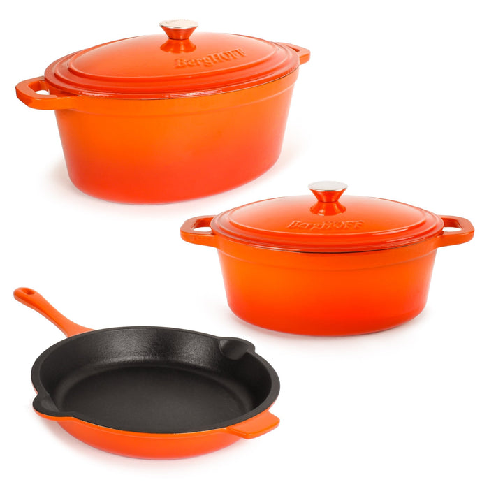 BergHOFF Neo 5pc Cast Iron Oval Dutch Oven Set with 10" Fry Pan, 5qt. & 8qt., Orange - Cookware Sets