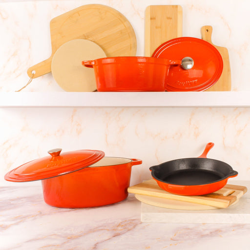 BergHOFF Neo 5pc Cast Iron Oval Dutch Oven Set with 10" Fry Pan, 5qt. & 8qt., Orange - Cookware Sets