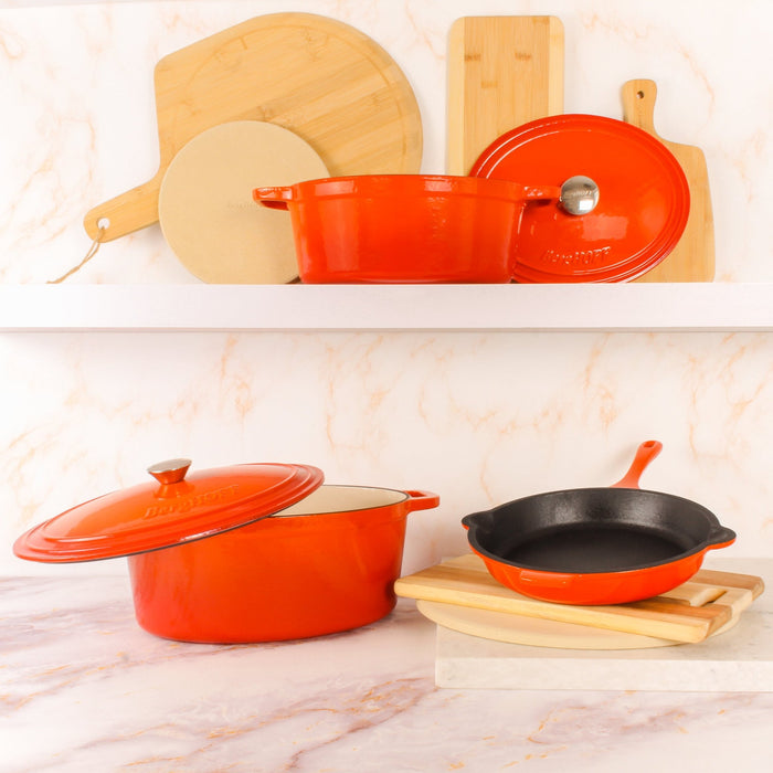 BergHOFF Neo 5pc Cast Iron Oval Dutch Oven Set with 10" Fry Pan, 5qt. & 8qt., Orange - Cookware Sets