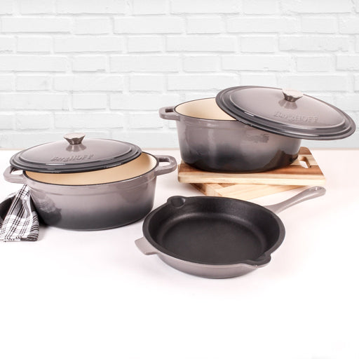BergHOFF Neo 5pc Cast Iron Oval Dutch Oven Set with 10" Fry Pan, 5qt. & 8qt., Oyster - Cookware Sets