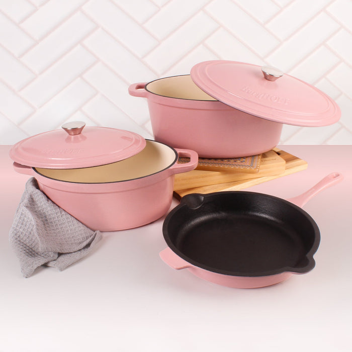 BergHOFF Neo 5pc Cast Iron Oval Dutch Oven Set with 10" Fry Pan, 5qt. & 8qt., Pink - Cookware Sets