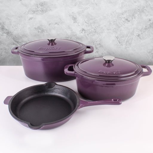 BergHOFF Neo 5pc Cast Iron Oval Dutch Oven Set with 10" Fry Pan, 5qt. & 8qt., Purple - Cookware Sets