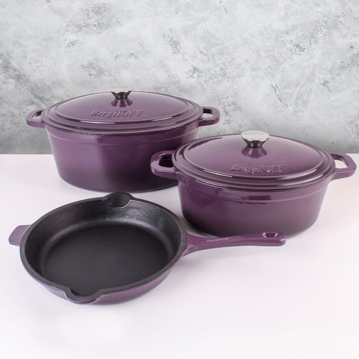 BergHOFF Neo 5pc Cast Iron Oval Dutch Oven Set with 10" Fry Pan, 5qt. & 8qt., Purple - Cookware Sets