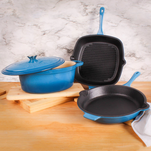 BergHOFF Neo 4pc Cast Iron Cookware Set, Grill Pan, Fry Pan & Oval Dutch Oven, Blue - Cookware Sets