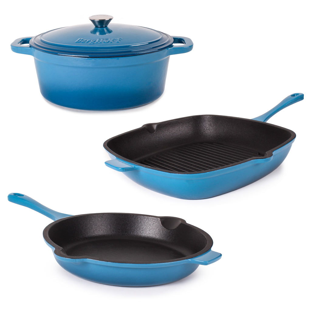 Neo 4pc Cast Iron Cookware Set, Grill Pan, Fry Pan & Oval Dutch