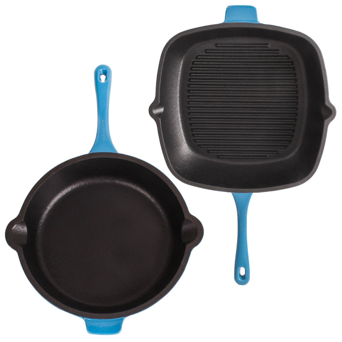 BergHOFF Neo 4pc Cast Iron Cookware Set, Grill Pan, Fry Pan & Oval Dutch Oven, Blue - Cookware Sets
