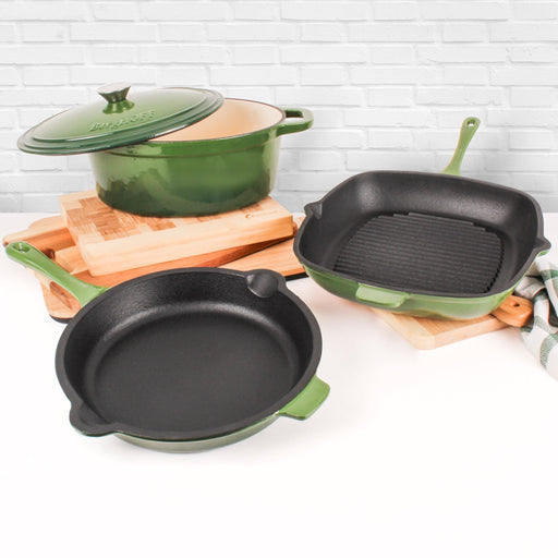 BergHOFF Neo 4pc Cast Iron Cookware Set, Grill Pan, Fry Pan & Oval Dutch Oven, Green - Cookware Sets