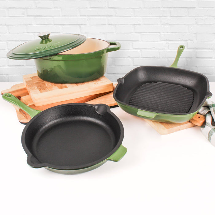 BergHOFF Neo 4pc Cast Iron Cookware Set, Grill Pan, Fry Pan & Oval Dutch Oven, Green - Cookware Sets