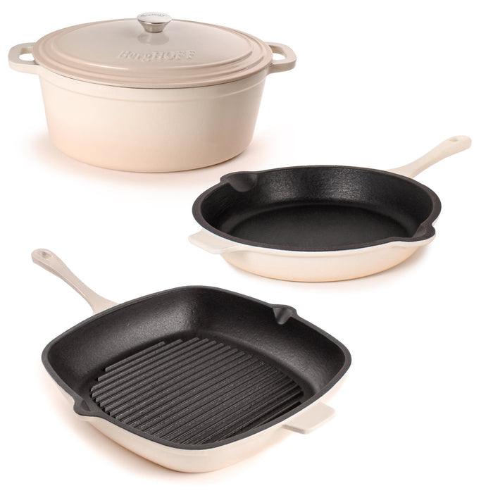 BergHOFF Neo 4pc Cast Iron Cookware Set, Grill Pan, Fry Pan & Oval Dutch Oven, Meringue - Cookware Sets