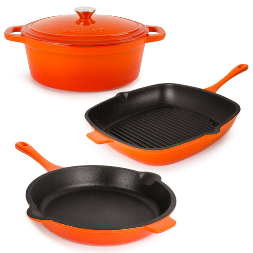 BergHOFF Neo 4pc Cast Iron Cookware Set, Grill Pan, Fry Pan & Oval Dutch Oven, Orange - Cookware Sets