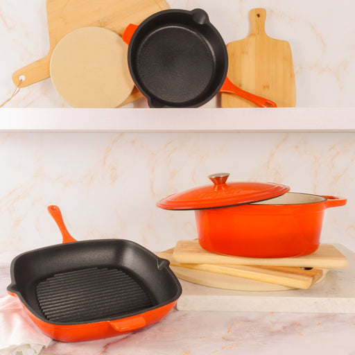 BergHOFF Neo 4pc Cast Iron Cookware Set, Grill Pan, Fry Pan & Oval Dutch Oven, Orange - Cookware Sets