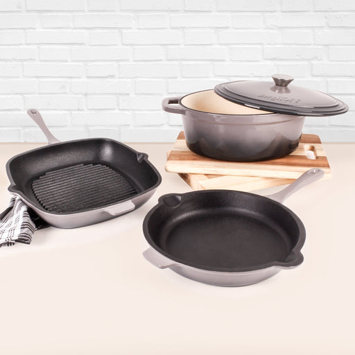 BergHOFF Neo 4pc Cast Iron Cookware Set, Grill Pan, Fry Pan & Oval Dutch Oven, Oyster - Cookware Sets