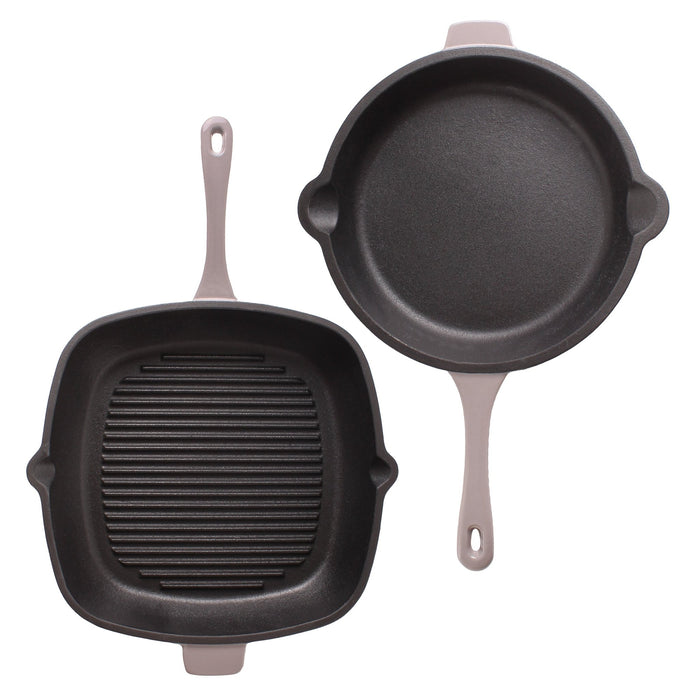 BergHOFF Neo 4pc Cast Iron Cookware Set, Grill Pan, Fry Pan & Oval Dutch Oven, Oyster - Cookware Sets