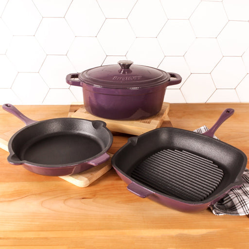 BergHOFF Neo 4pc Cast Iron Cookware Set, Grill Pan, Fry Pan & Oval Dutch Oven, Purple - Cookware Sets