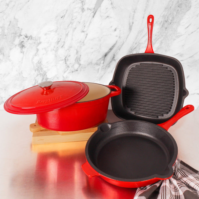 BergHOFF Neo 4pc Cast Iron Cookware Set, Grill Pan, Fry Pan & Oval Dutch Oven, Red - Cookware Sets
