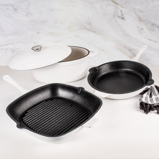 BergHOFF Neo 4pc Cast Iron Cookware Set, Grill Pan, Fry Pan & Oval Dutch Oven, White - Cookware Sets