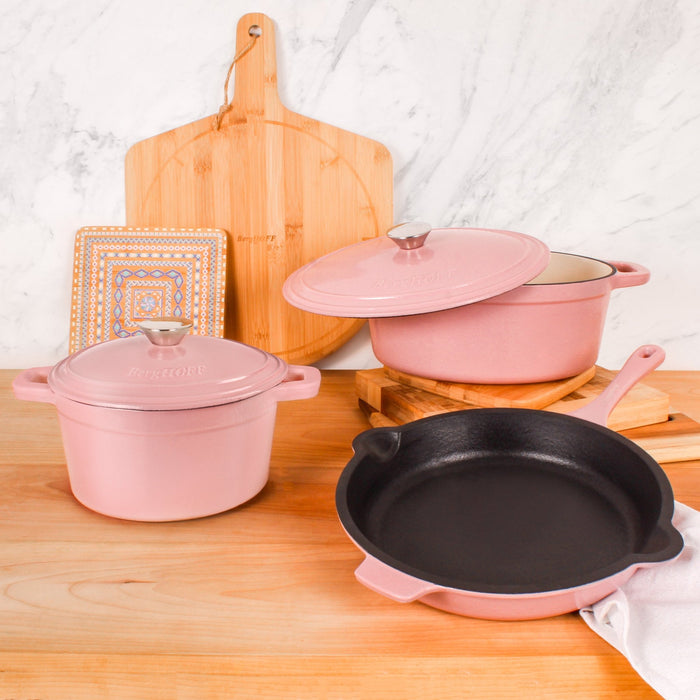 BergHOFF Neo 5pc Cast Iron Dutch Oven Set with 10" Fry Pan, 3qt. & 5qt., Pink - Cookware Sets