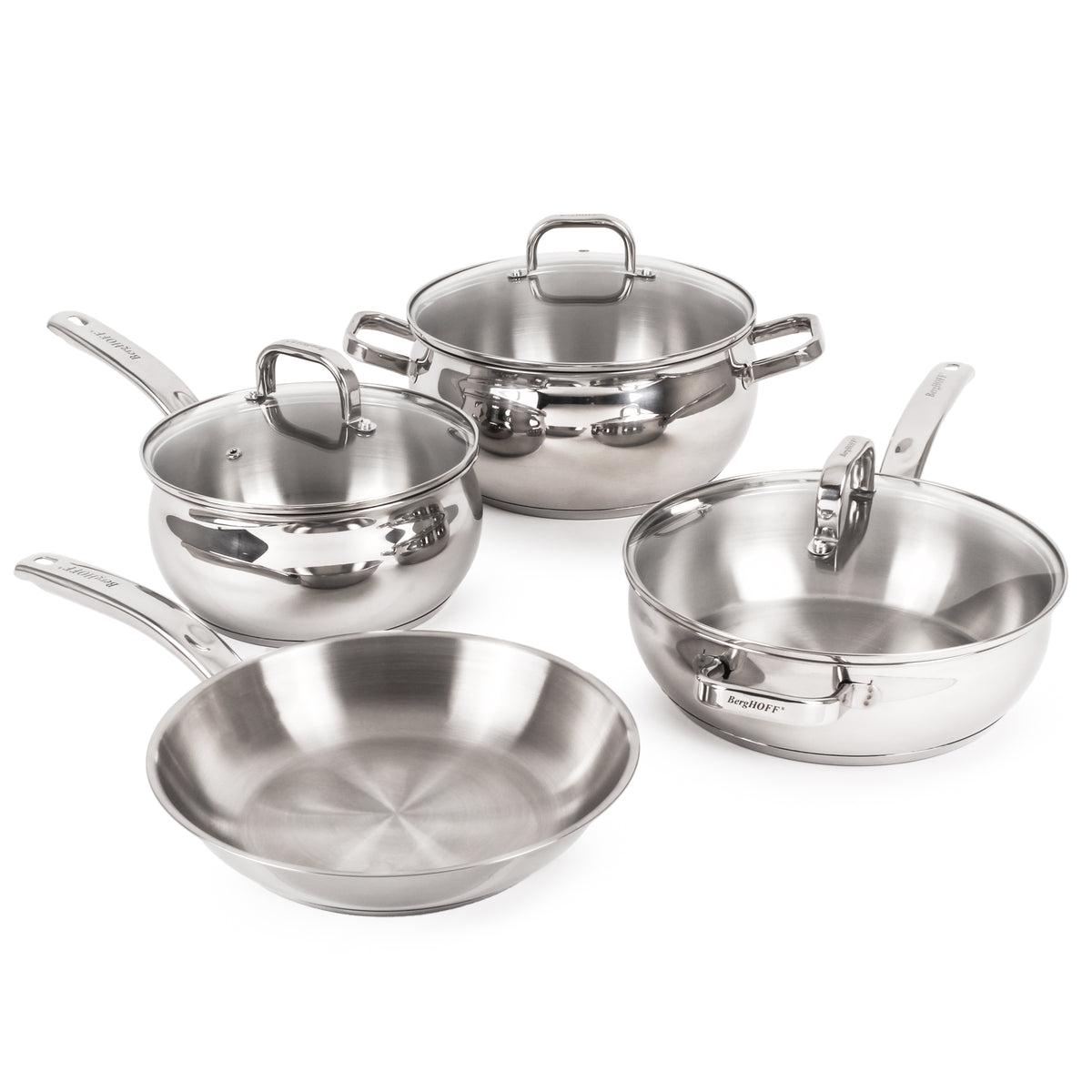 Belly Shape 7pc 18/10 Stainless Steel Cookware Set with Glass Lids