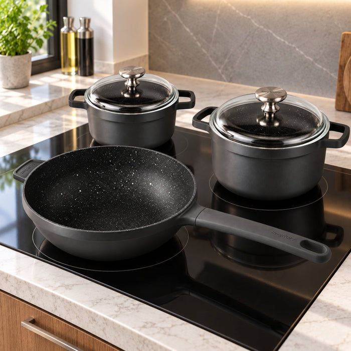 BergHOFF GEM 5Pc Nonstick Cast Aluminum Wok and Stockpots Cookware Set, Glass Lids - Cookware Sets