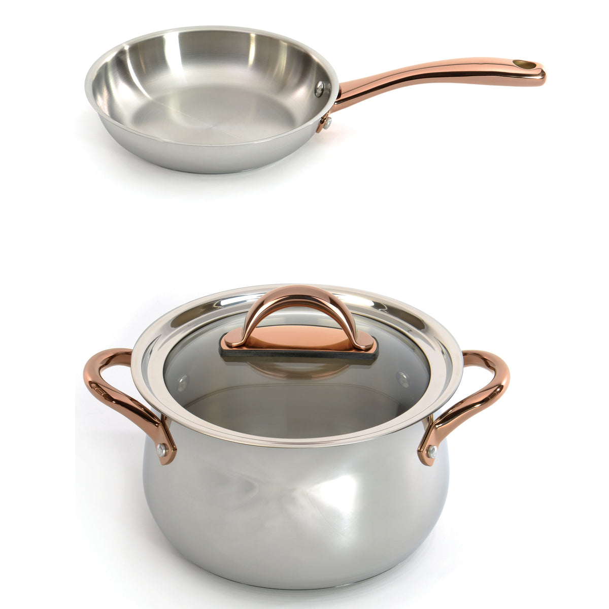Ouro Gold 3pc 18/10 Stainless Steel Cookware Set, Glass Lids, Rose Ouro Gold 3pc 18/10 Stainless Steel Cookware Set, Glass Lids, Rose