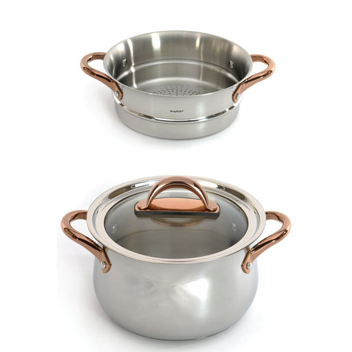 BergHOFF Ouro Gold 3pc 18/10 Stainless Steel Steamer Set, Glass Lid, Rose Gold Handles - Cookware Sets