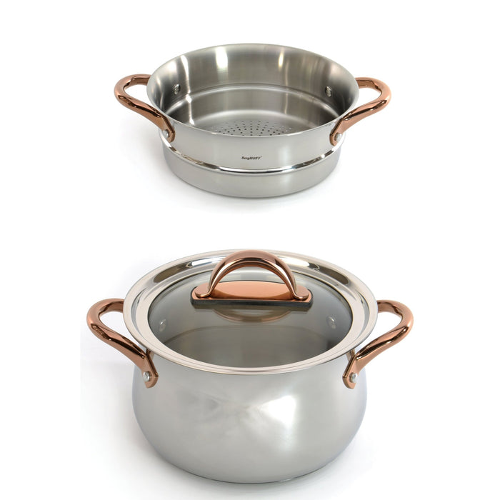 BergHOFF Ouro Gold 3pc 18/10 Stainless Steel Steamer Set, Glass Lid, Rose Gold Handles - Cookware Sets