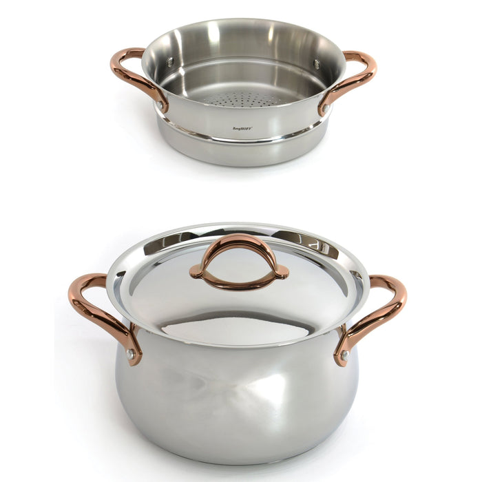 BergHOFF Ouro Gold 3pc 18/10 SS Steamer Set, SS Lids, Rose Gold Handles - Cookware Sets
