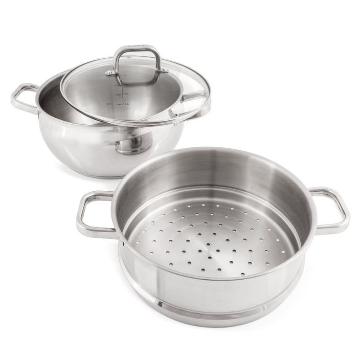 BergHOFF Belly Shape 3pc 18/10 Stainless Steel Steamer Set with Glass Lid - Food Steamers