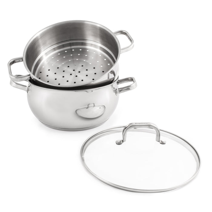 BergHOFF Belly Shape 3pc 18/10 Stainless Steel Steamer Set with Glass Lid - Food Steamers