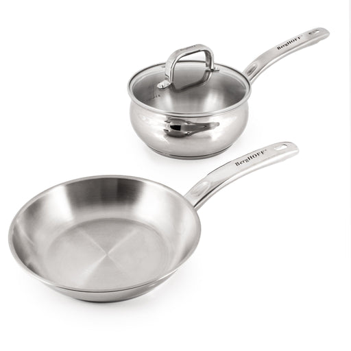 BergHOFF Belly Shape 3pc 18/10 Stainless Steel Fry Pan & Saucepan Cookware Set with Glass Lid - Cookware Sets