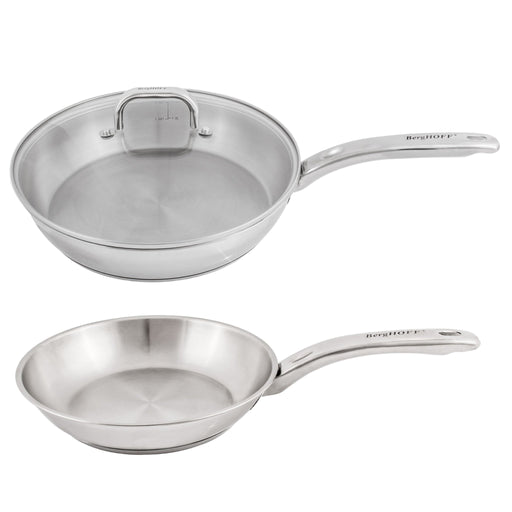 BergHOFF Belly Shape 3pc 18/10 Stainless Steel Fry Pan & Skillet Cookware Set with Glass Lid - Cookware Sets
