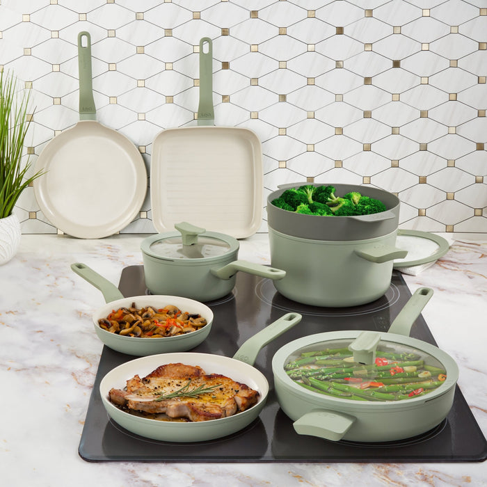 BergHOFF Leo Balance 11pc Nonstick Aluminum Cookware Set, Glass Lids, Sage - Cookware Sets
